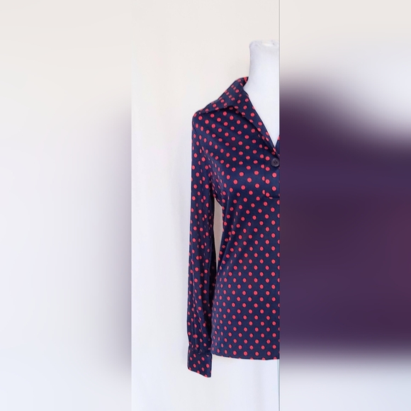 Andrew St. John Size Medium V Neck Blue Red Polka Dot Top Blouse Vintage - Picture 2 of 7